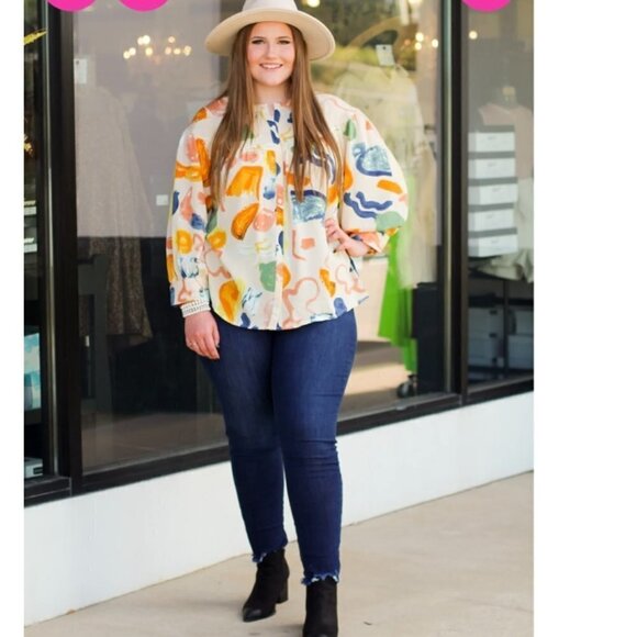 Entro Tan Floral Balloon Long Sleeve Button Front Relaxed Boho XL Blouse NWT - Picture 1 of 10